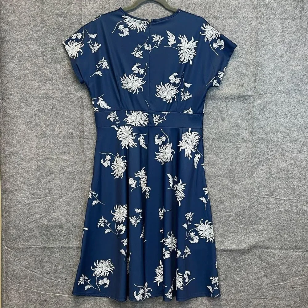 HOMEYEE Dress Size 2XL Blue White Floral Round Neck Midi A-Line Pleated Swing - Picture 7 of 16